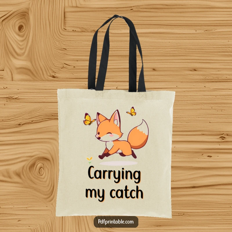 Funny playful fox chasing a fluttering butterfly on a durable tote bag, perfect for carrying essentials and nature's wonder.