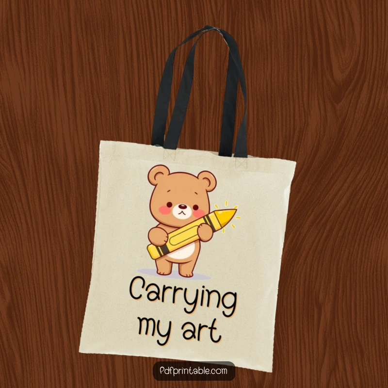 Funny kawaii bear holding a giant crayon, drawing a happy sun, on a durable and stylish tote bag.