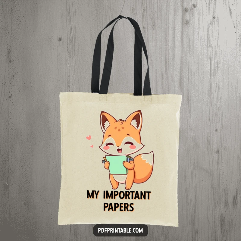 Funny kawaii fox giggling with a stack of colorful papers, making this tote bag a stylish and amusing companion.