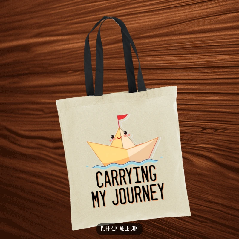 Funny Tote Bag depicting a happy paper boat sailing on a wavy line, a whimsical and practical accessory for adventures.