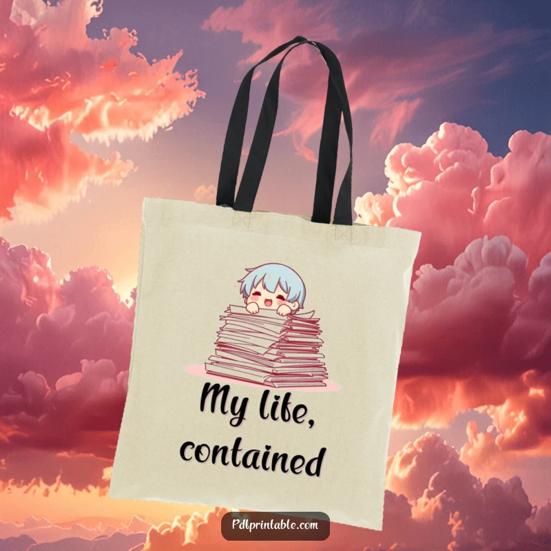 Funny tote bag showcasing a character comically tumbling out of a large stack of papers, perfect for carrying books or groceries.