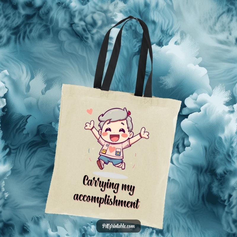 Funny Tote Bag featuring a character bouncing with pure excitement after completing a fun and satisfying project.