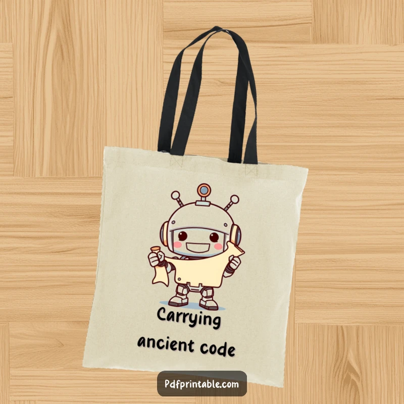 Funny grinning robot holding an unfurled scroll with a smile, on a tote bag, great funny gift.
