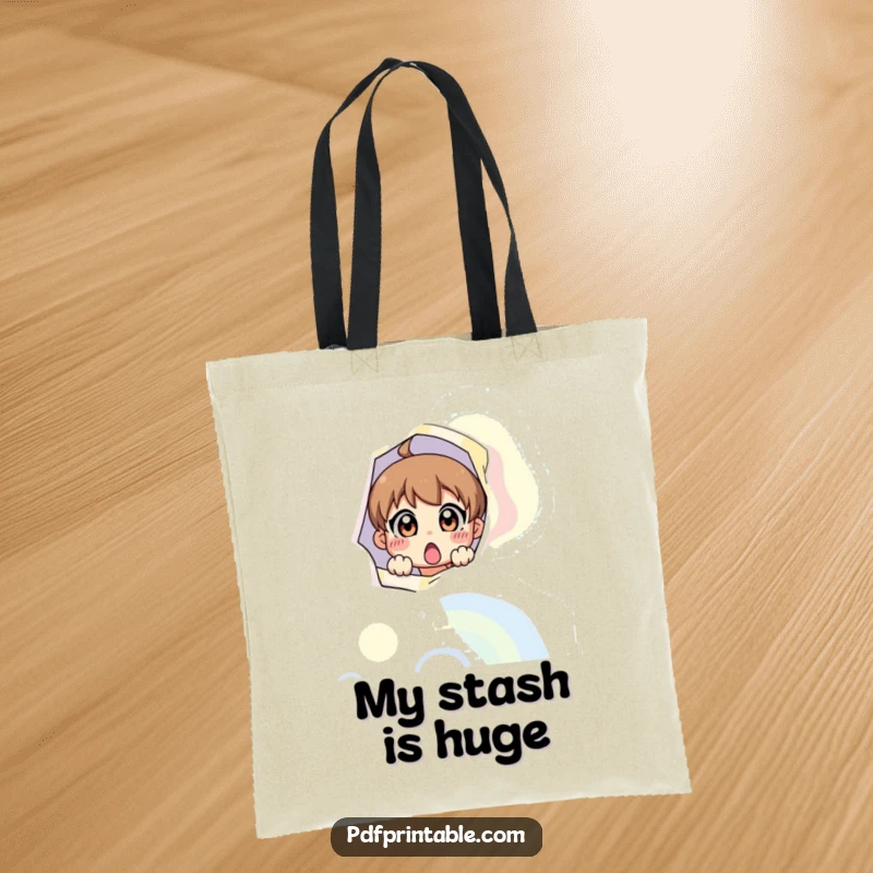 Funny tote bag with a surprised character peeking from a colorful printable page, perfect for carrying daily surprises.