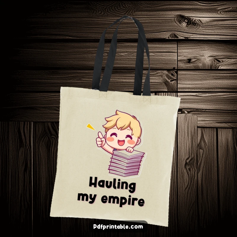 Funny Pointing Papers Tote Bag showing a smiling character energetically pointing at a stack of papers, perfect for carrying tasks.