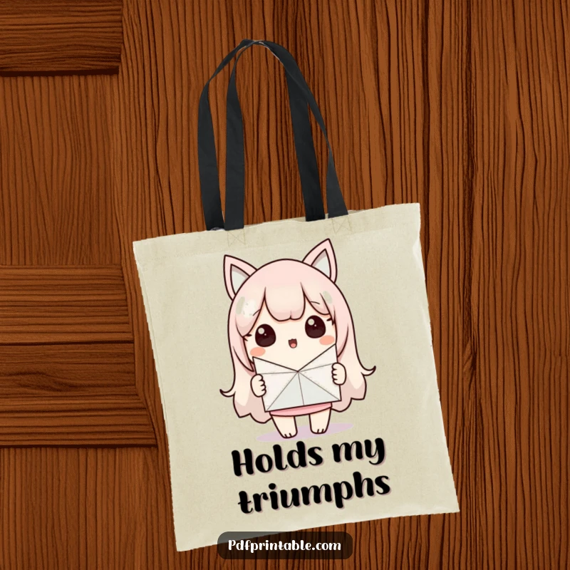 Funny Tote Bag: Surprised Kawaii character joyfully holds a finished paper craft. A humorous and practical funny gift.
