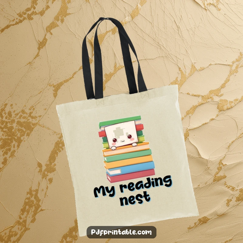 Funny Tote Bag featuring a paper character peeking from behind a colorful stack of book pages, symbolizing a love for reading.