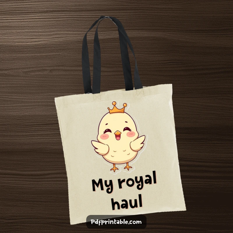 Funny Chick Tote Bag: A happy chick wearing a tiny crown chirps, a stylish and humorous accessory for carrying essentials.