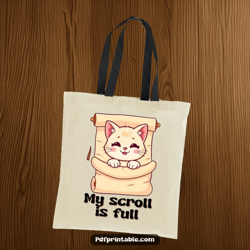 Funny Cat Scroll Tote Bag showcasing a smiling cat peeking out of a giant, unrolled scroll, perfect for carrying books and essentials.