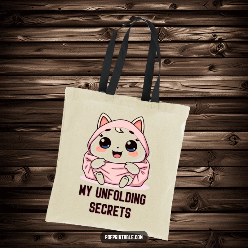 Funny Tote Bag: Giggling Kawaii character joyfully unfolds a large, colorful design. A cheerful and funny gift.